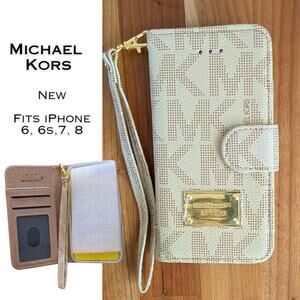 Michael Kors iPhone Case Wristlet Wallet Beige Monogram Logo Folio 6 6s 7 8 NEW